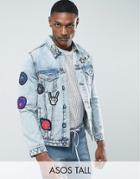 Asos Tall Denim Jacket With Badges In Mid Wash - Blue