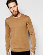 Asos Merino Wool Crew Neck Jumper In Camel - Camel