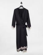 Ann Summers Selena Lace Trim Satin Maxi Kimono In Black