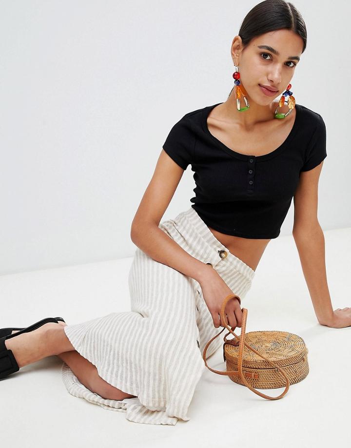Asos Design Short Sleeve Crop Top With Button Front In Black - Black