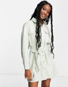 Asos Design Leather Look Button Through Mini Shirt Dress With Belt In Sage-green