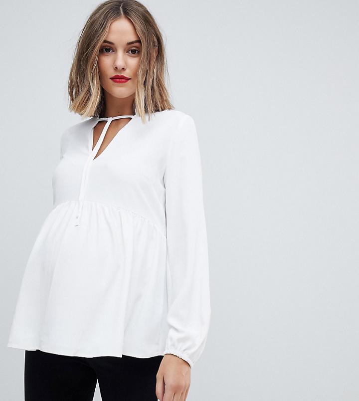 Asos Design Maternity Long Sleeve Smock Top With Tie Detail-white