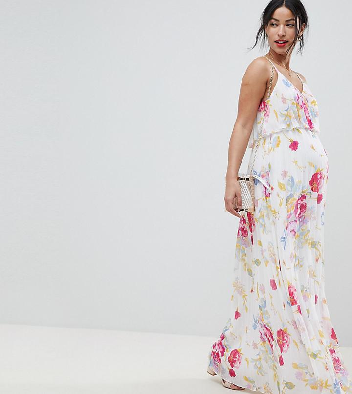 Asos Design Maternity Pleated Maxi Dress In Rose Floral Print-multi