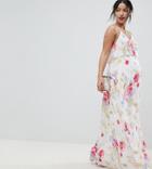 Asos Design Maternity Pleated Maxi Dress In Rose Floral Print-multi