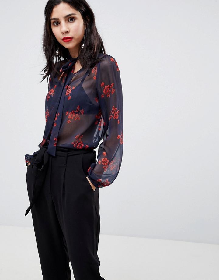 Y.a.s Flow Pussy Bow Blouse - Navy