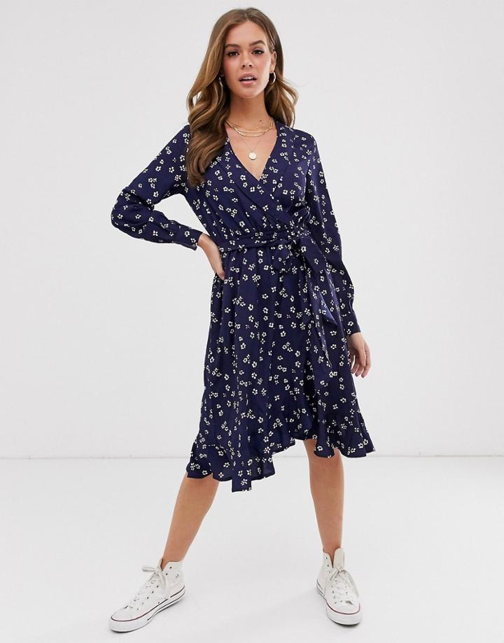 Influence Wrap Front Midi Dress In Navy Floral - Navy