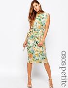 Asos Petite Belted Midi Dress With Split Sleeve In Floral Print - Multi