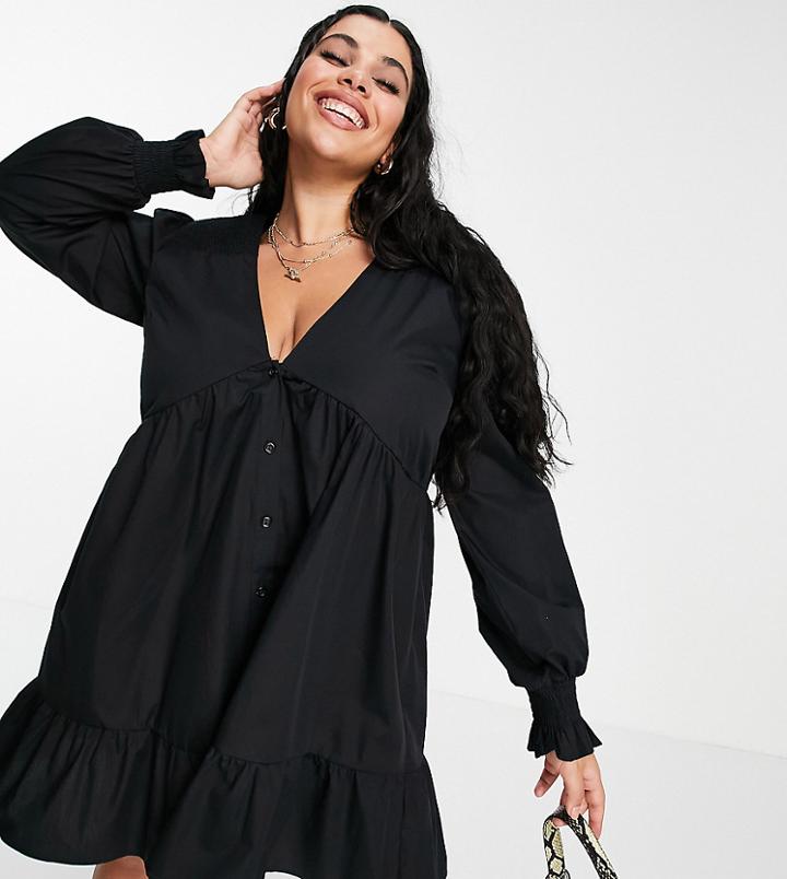 Asos Design Curve Shirred Shoulder Button Through Smock Mini Dress In Black