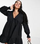 Asos Design Curve Shirred Shoulder Button Through Smock Mini Dress In Black