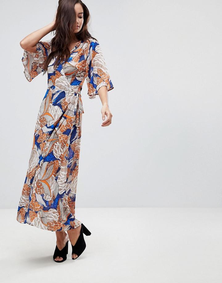 Brave Soul Santini 3/4 Length Wrap Dress In Bold Print - Orange