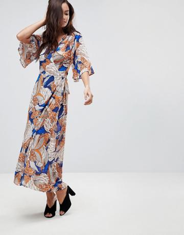Brave Soul Santini 3/4 Length Wrap Dress In Bold Print - Orange