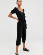 Asos Design Button Front Tie Waist Puff Sleeve Jumpsuit With Short Sleeves-multi