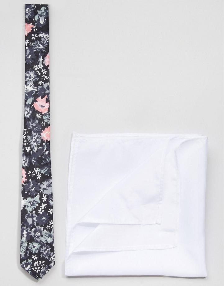 Asos Floral Tie And Plain Pocket Square Pack Save 17% - Charcoal