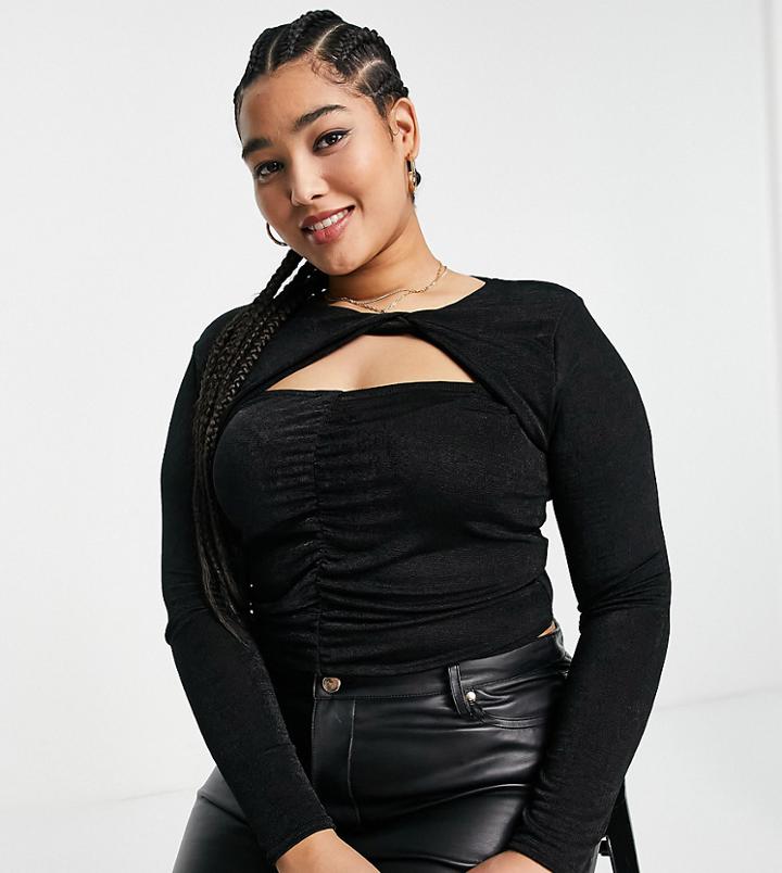 In The Style Plus X Liberty Knot Detail Ruched Cut Out Crop Top In Black - Part Of A Set