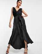 Flounce London Satin Wrap Front Midaxi Dress In Black