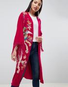 Asos Design Velvet Embroidered Fringe Kimono - Pink