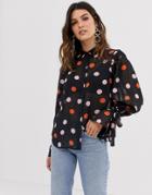 Asos Design Sheer Long Sleeve Shirt With Tie Cuffs In Polka Dot - Multi