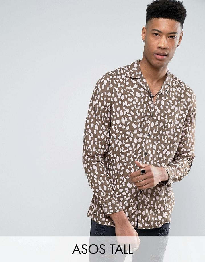 Asos Tall Regular Fit Viscose Shirt With Revere Collar In Khaki Leopard Print - Green