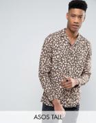 Asos Tall Regular Fit Viscose Shirt With Revere Collar In Khaki Leopard Print - Green