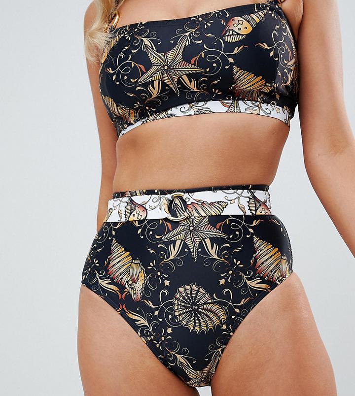 Wolf & Whistle Shell Print High Waist Bikini Bottom - Black