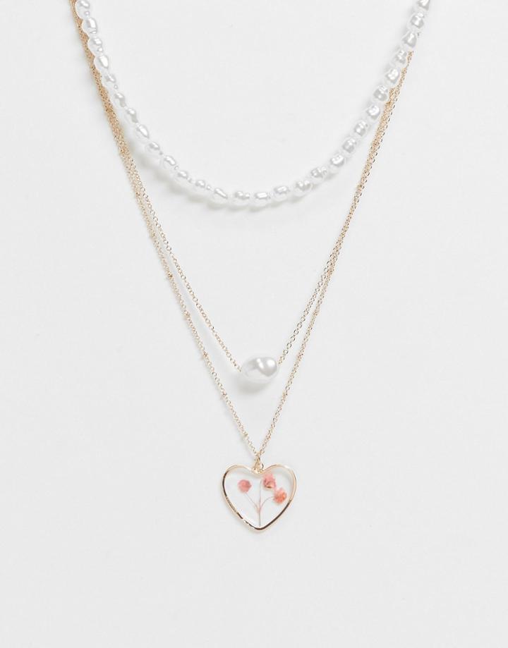 Asos Design Multi-strand Necklace With Inset Floral Heart Pendant And Pearls In Gold Tone
