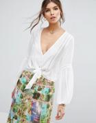 Asos Plunge Blouse With Tie Front And Lace Inserts - White