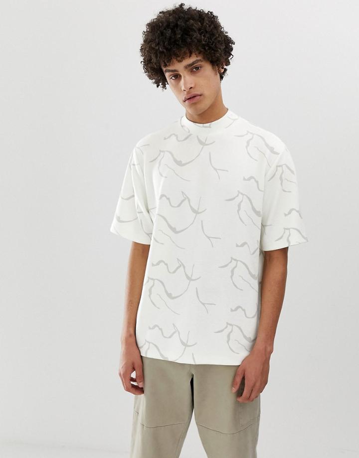 Asos White Loose Fit T-shirt In Abstract Print With Turtleneck