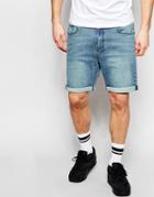 Asos Slim Denim Shorts In Green Caste Mid Blue - Mid Blue