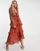 Asos Design Soft Maxi Dress With Button Front And Trailing Floral Embellishment In Rust-brown