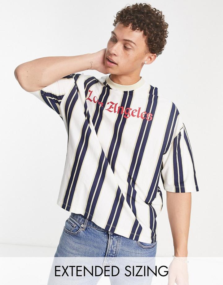Asos Design Oversized Stripe T-shirt In White & Navy With La Text Print