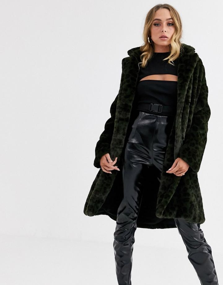 Jayley Leopard Print Faux Fur Double Breasted Coat-green