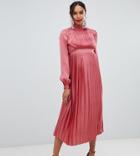 Little Mistress Maternity Pleated Midi Dress In Rose-pink