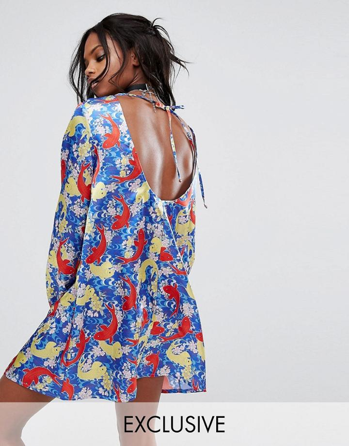 Reclaimed Vintage Inspired Festival Open Back Dress With Fish Print - Blue