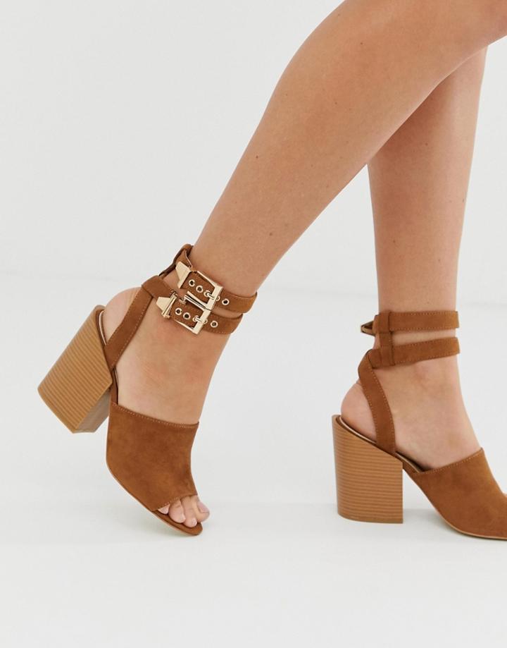 Raid Orita Tan Buckle Detail Heeled Sandals With Stacked Heel