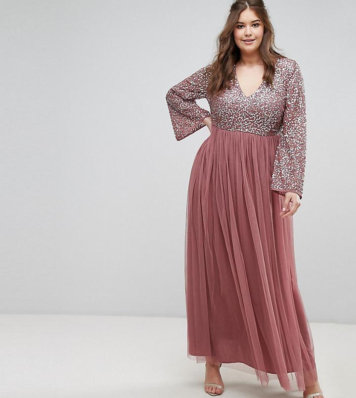 Maya Plus Long Sleeve V Neck Maxi Dress With Tonal Delicate Sequins - Purple