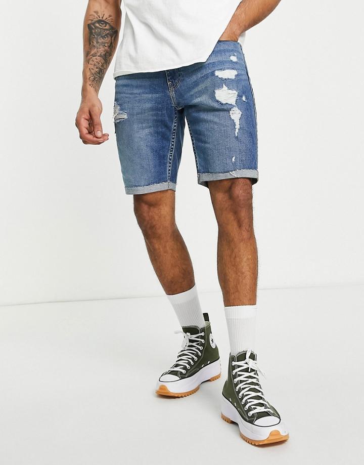 Hollister Distressed Denim Shorts In Mid Wash-blues