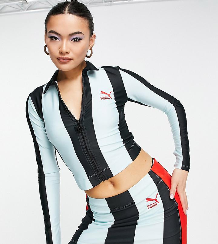 Puma X Dua Lipa Long Sleeve Polo Crop Top In Blue And Black Stripe
