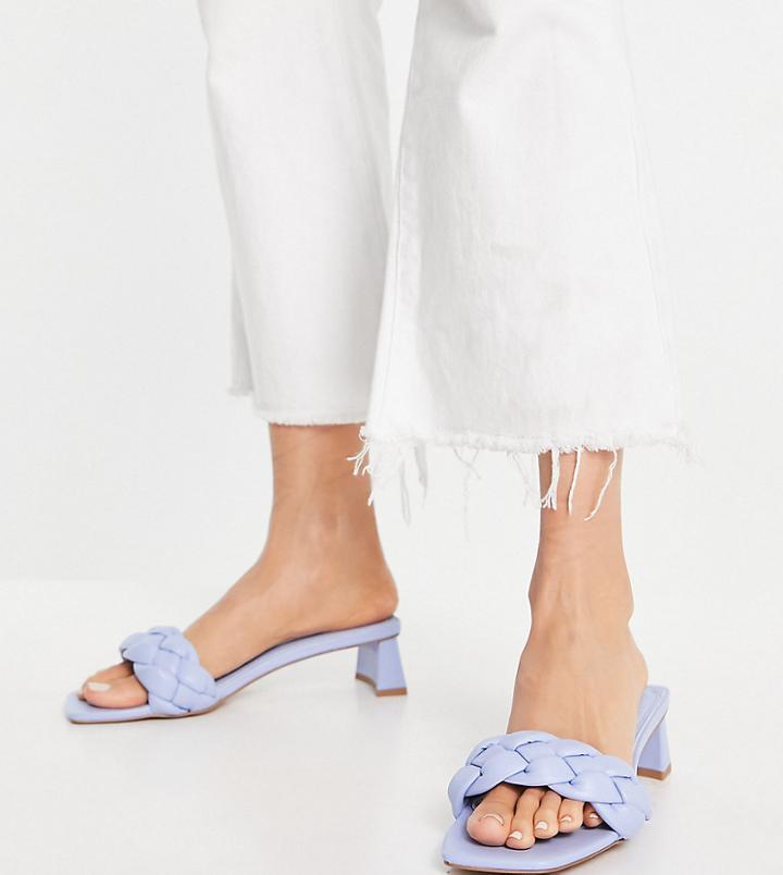 Asos Design Wide Fit Hosta Weave Mid Heeled Mules In Blue-blues