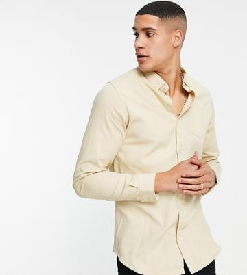 Brave Soul Tall Long Sleeve Cotton Twill Shirt In Beige-neutral