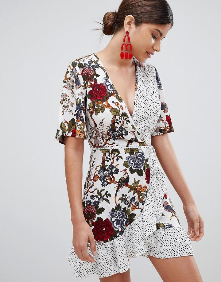 Missguided Floral & Polka Dot Wrap Tea Dress - Cream