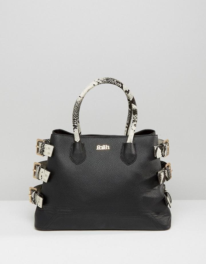 Faith Faux Snake Tote Bag With Buckle Detail - Black