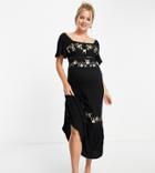 Asos Design Maternity Square Neck Midi Crinkle Dress With Ladder Trims And Floral Embroidery In Black