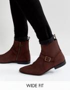 Asos Wide Fit Chelsea Boots In Burgundy Suede With Buckle Detail And Zips - Red
