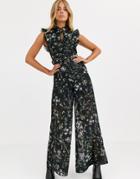We Are Kindred Ambrosia Frill Sleeve Floral Jumpsuit-black