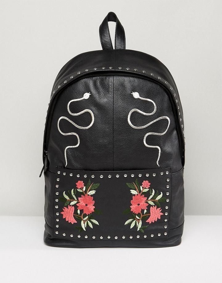 Asos Leather Backpack In Black With Embroidered Design - Black