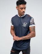 Siksilk Muscle T-shirt In Navy With Floral Sleeves - Navy