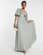 Asos Design Bridesmaid Pleated Flutter Sleeve Maxi Dress With Satin Wrap Waist-green