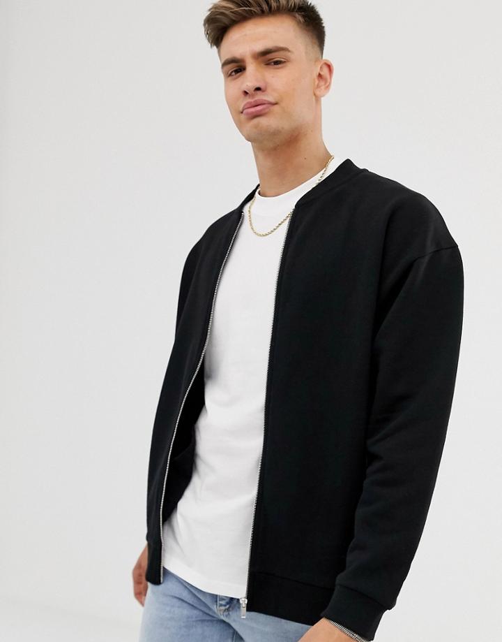 Asos Design Oversized Jersey Bomber Jacket In Black - Black