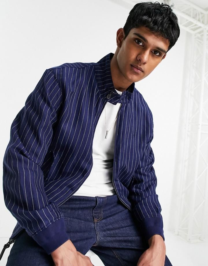 Polo Ralph Lauren Linen Baracuda Player Logo Pinstripe Harrington Jacket In Ink Blue-blues