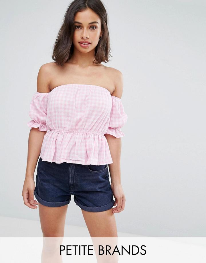 Parisian Petite Off Shoulder Gingham Top - Pink